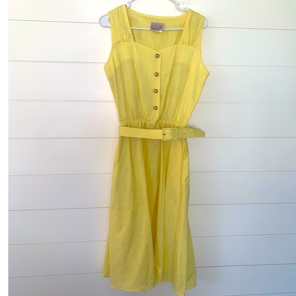 EVC 70s ABSOLUTELY GORGEOUS Canary Yellow Belted Linen Midi Sundress - Picture 2 of 8